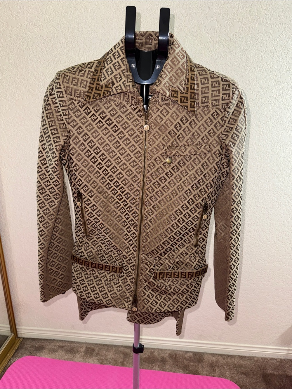 Fendi Monogram Zip Jacket with Skirt in Beige and Brown (Blazer 40, Skirt 42)